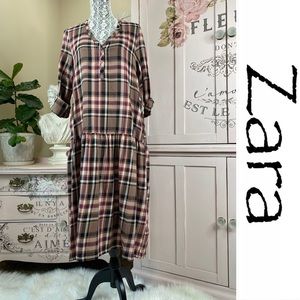 ZARA Brown Plaid Drop Waist Dress NWT